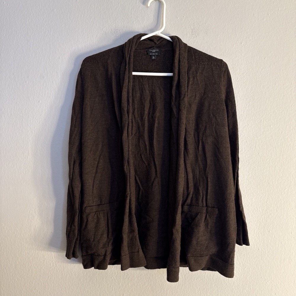 Womens TALBOTS Petite Medium 100% Merino Wool Open Front Cardigan Sweater